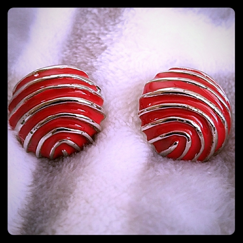 Vintage Silver and Red enameled clip on earrings